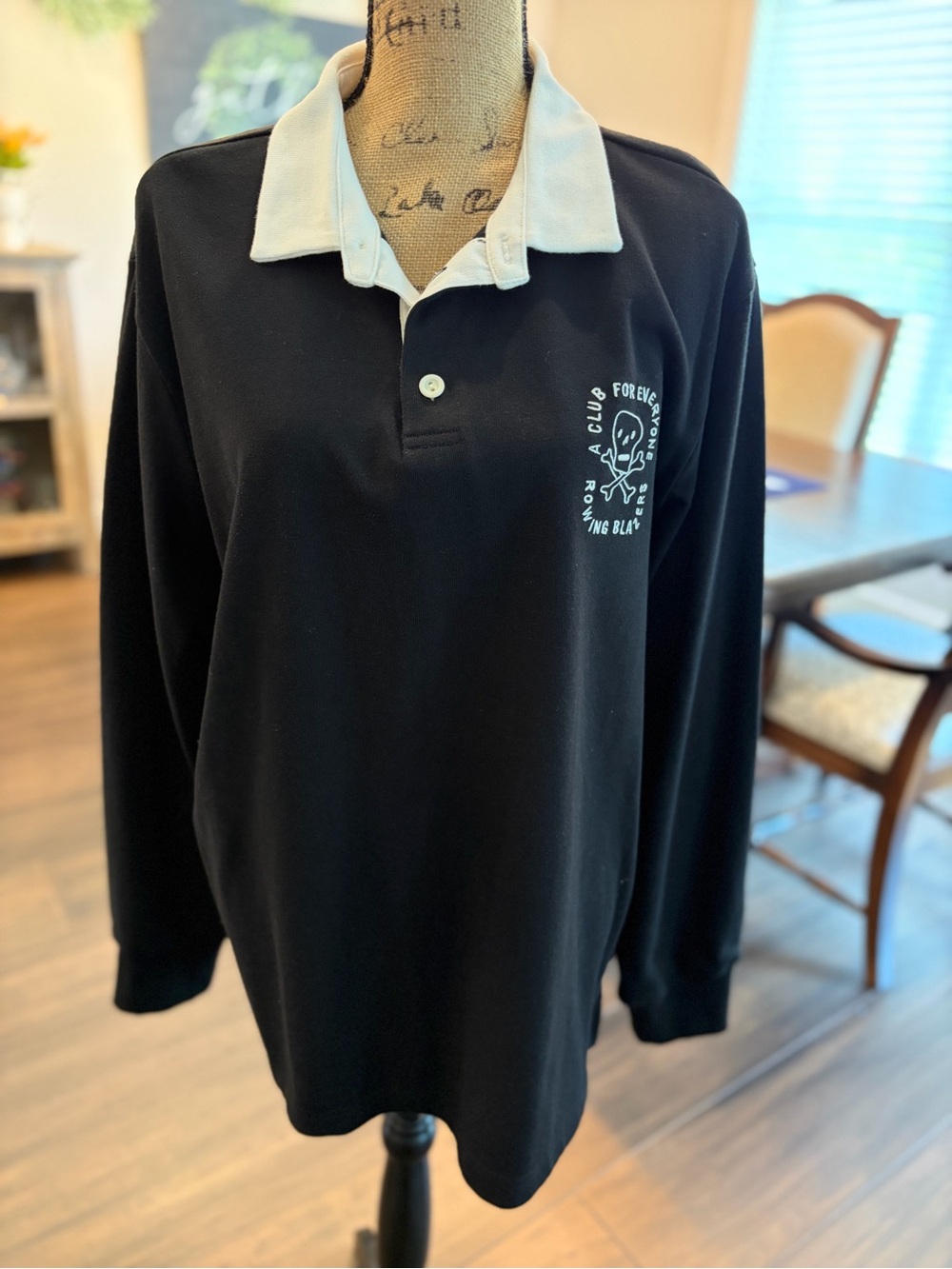 NWOT Rowing Blazers Black Rugby Polo with White Collar
